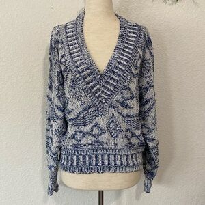 Vintage Big City Navy Blue and White Patterned Crop V Neck Sweater